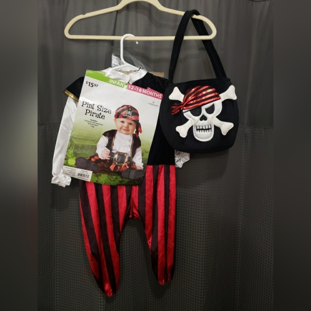 Pirate costume with candy bucket, size Infant 12-18 mths, Cap NOT included
